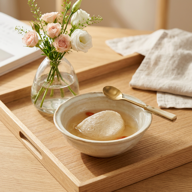 花姿盛燕窝炖品场景,陶瓷炖盅搭配清透汤底