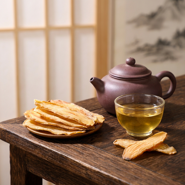 天麻片搭配紫砂壶煮茶的传统养生场景