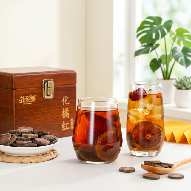 化橘红玻璃杯冲泡金黄茶汤场景