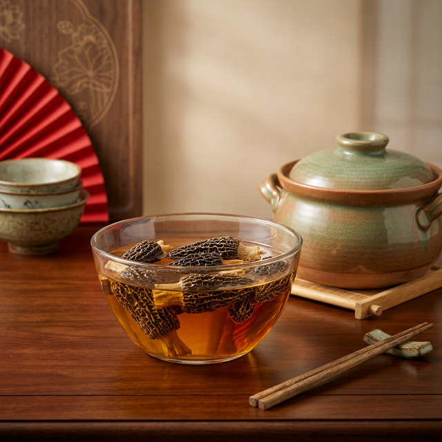 干羊肚菌温水泡发过程，琥珀色菌水富含营养