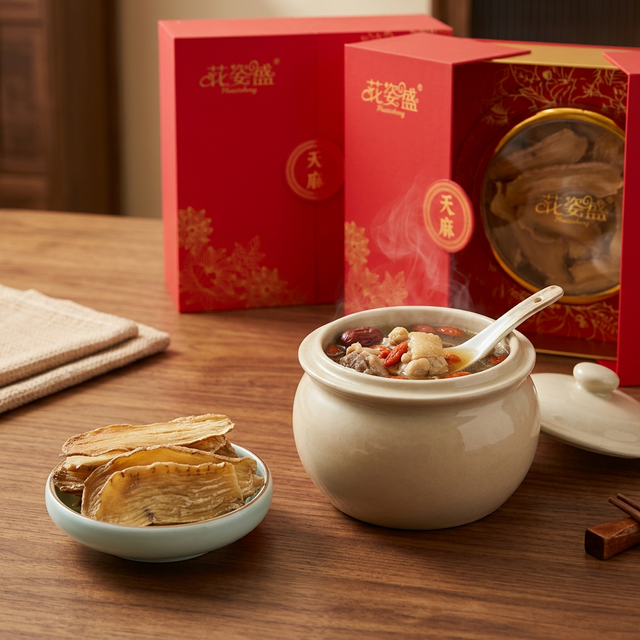 天麻炖鸡汤搭配天麻片的家庭餐桌场景