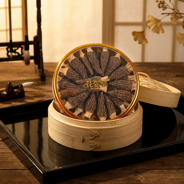 干羊肚菌竹蒸笼传统展示，金色暖光下品质感十足