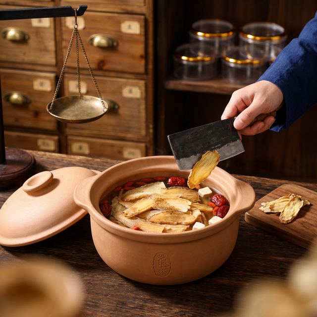 天麻炖鸡煲汤养生场景,砂锅慢炖天麻片