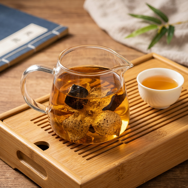 新会陈皮泡水冲饮场景，金黄茶汤搭配传统茶具