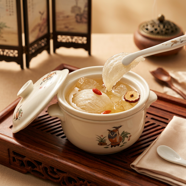花姿盛燕窝隔水炖煮场景，瓷盅中金黄汤色与冰糖搭配