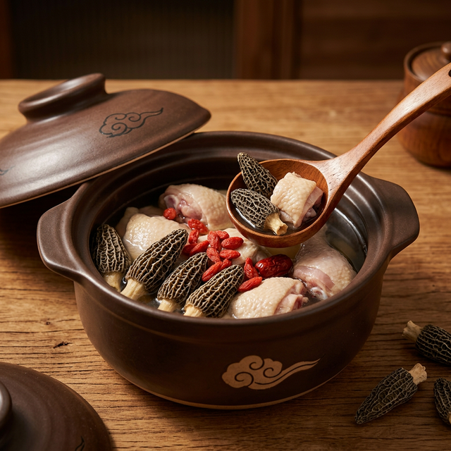 羊肚菌炖鸡汤烹饪场景,搭配枸杞红枣