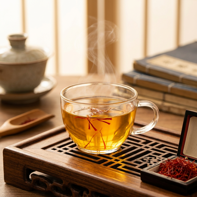 藏红花温水冲泡场景，金黄色茶汤清澈透亮