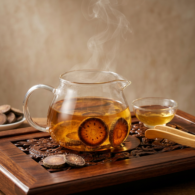 化橘红热水冲泡场景，琥珀色茶汤散发药香