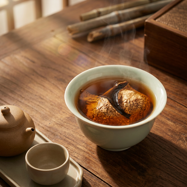 新会陈皮盖碗冲泡场景,琥珀色茶汤配紫砂壶