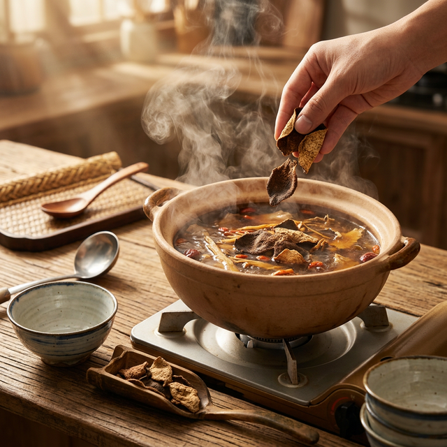 新会陈皮加入砂锅慢炖养生汤的场景