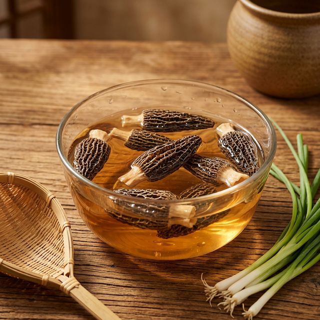 羊肚菌温水泡发实测，泡发水呈酒红色