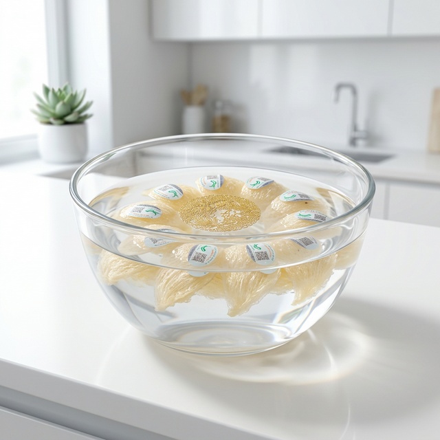 花姿盛燕窝纯净水泡发过程，燕丝在玻璃碗中自然舒展