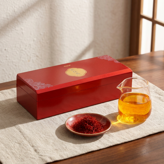 藏红花温水冲泡过程，金黄色茶汤在阳光中清澈透亮