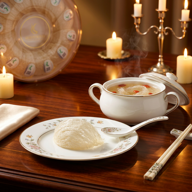 花姿盛燕窝精致餐桌场景，骨瓷碗搭配炖盅呈现