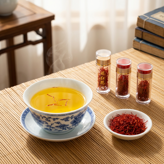 藏红花盖碗泡饮场景，金黄色茶汤配传统茶具