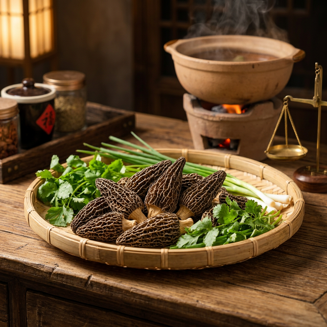 羊肚菌竹托盘摆放，搭配传统砂锅烹饪场景