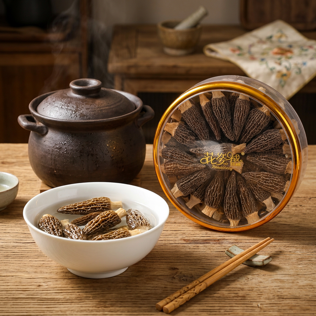 羊肚菌泡发炖煮场景，温水泡发搭配砂锅慢炖