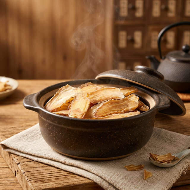 天麻放入传统陶瓷砂锅准备炖煮的场景