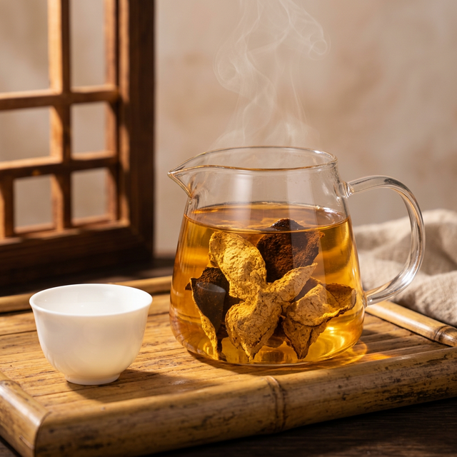 新会陈皮泡茶场景，透明茶壶中金色茶汤清澈明亮