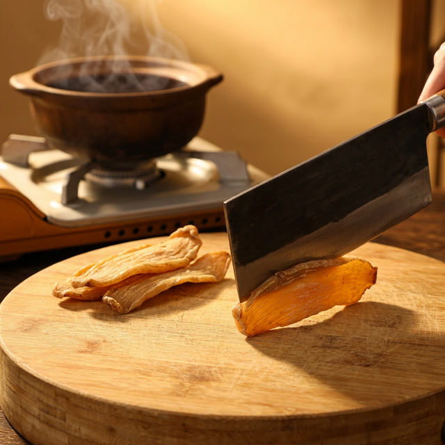 天麻在竹砧板上切片备用的烹饪准备场景