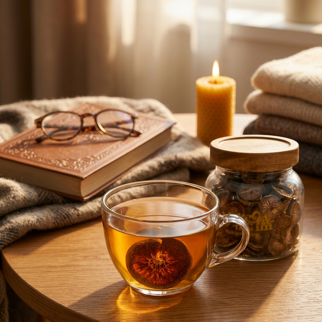 化橘红搭配玻璃杯冲泡的温馨居家饮用场景