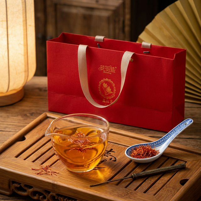 藏红花温水冲泡场景，金黄茶汤缓慢析出