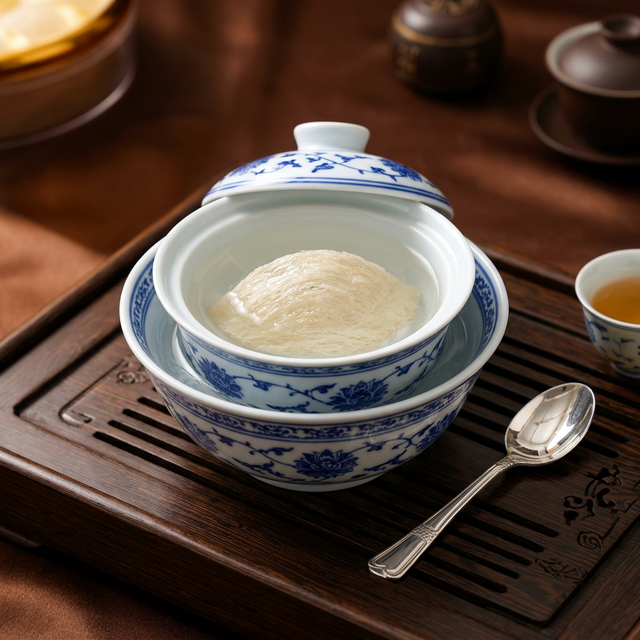 花姿盛燕窝隔水炖煮场景，白瓷碗搭配传统茶具