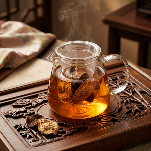 新会陈皮在玻璃壶中冲泡出金黄茶汤