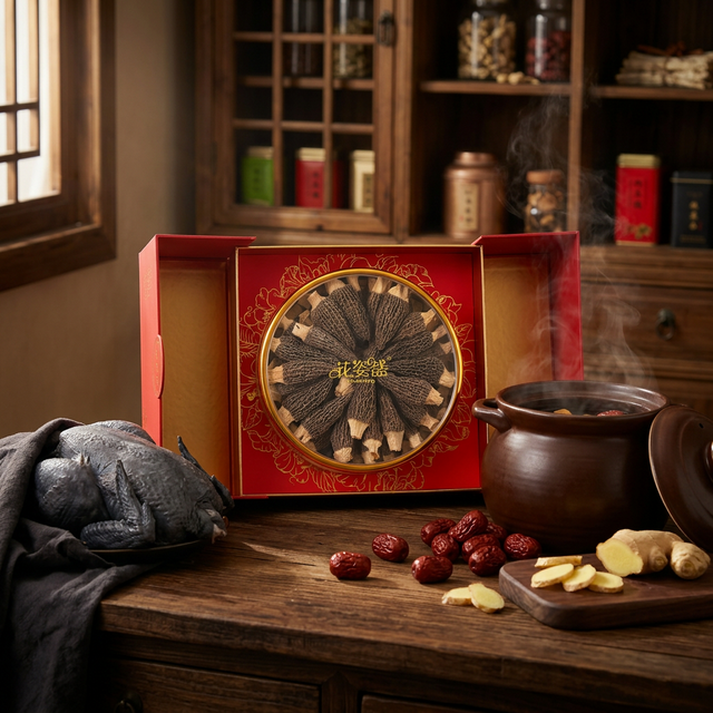 羊肚菌搭配鸡肉姜片红枣准备煲汤的烹饪场景