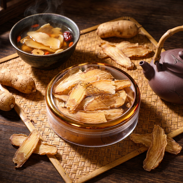 天麻炖汤场景，陶碗中金黄汤品与竹席搭配