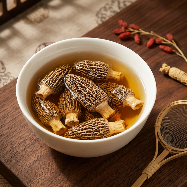 羊肚菌在白瓷碗中泡发,琥珀色汤水呈现天然菌香