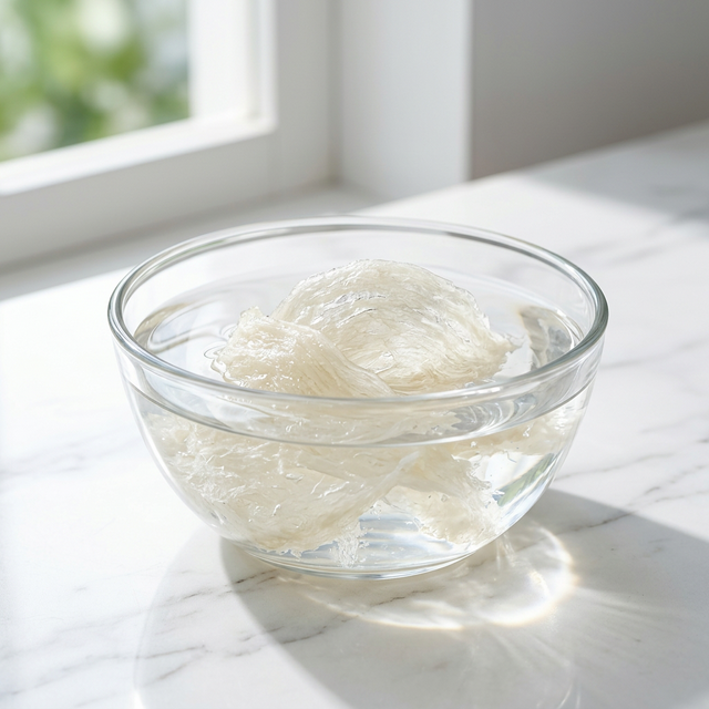 花姿盛燕窝玻璃碗泡发场景，晨光下水质清澈