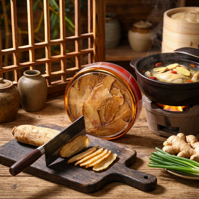 天麻炖鸡汤场景，砧板切片搭配砂锅炖煮