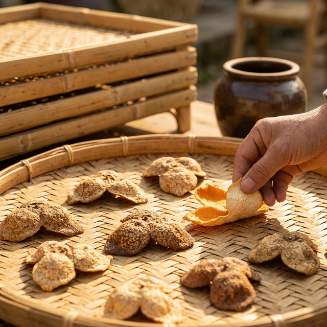 新会陈皮在竹制晒架上天然生晒