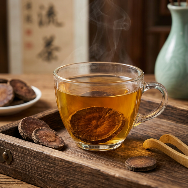 化橘红沸水冲泡场景，金黄色茶汤搭配玻璃杯与茶盘