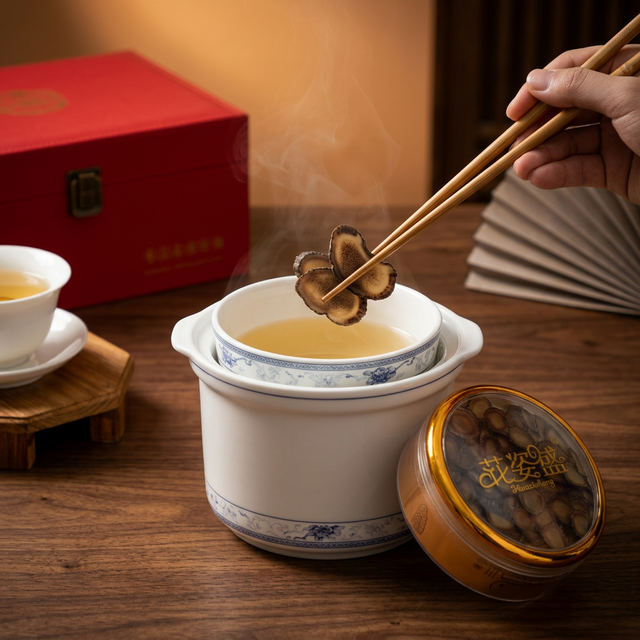 鹿茸蜡片放入瓷质炖盅准备炖煮