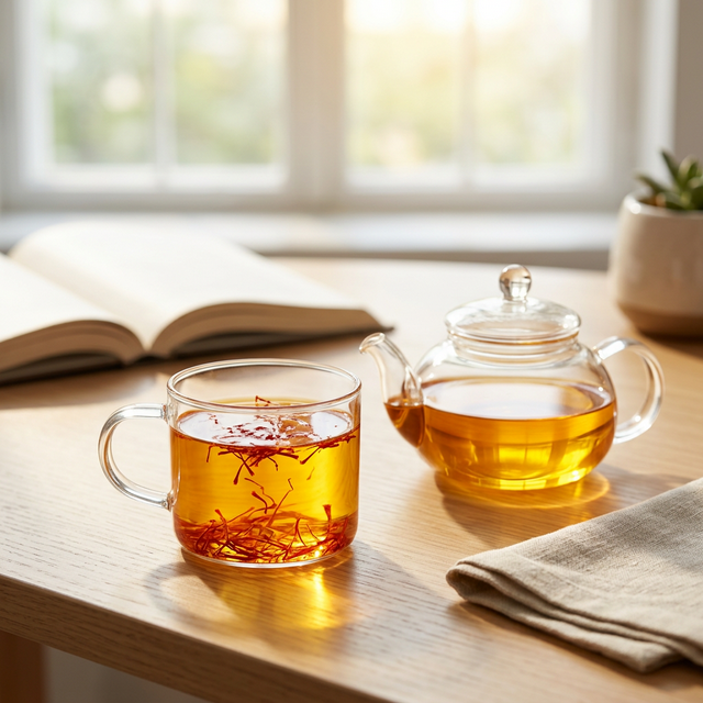 藏红花泡水冲饮步骤展示，金黄色茶汤