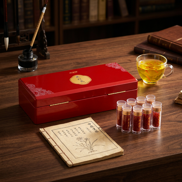 藏红花泡水冲饮场景,深红花丝与金黄茶汤