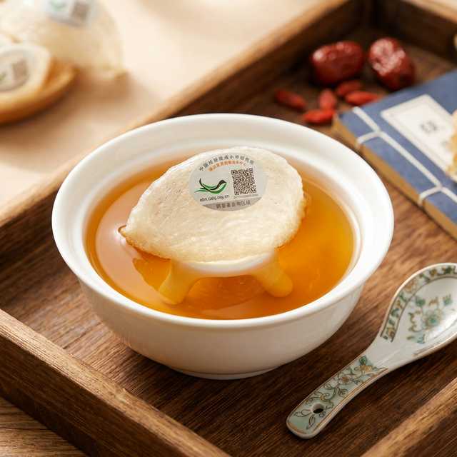 燕窝炖煮场景，晶莹剔透的炖盅中燕窝丝