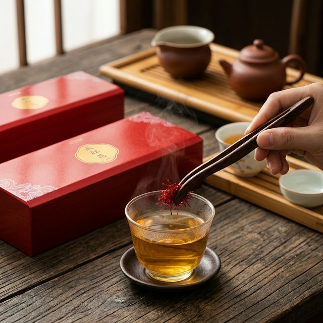 藏红花泡水冲饮场景展示金黄茶汤