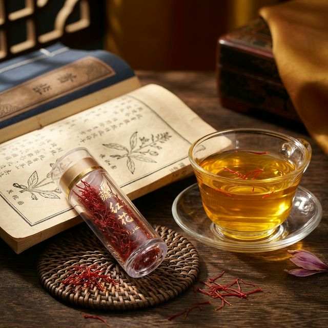 藏红花泡水搭配中医典籍的养生场景