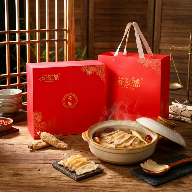 花姿盛天麻片在陶瓷炖盅中慢炖鸡汤场景