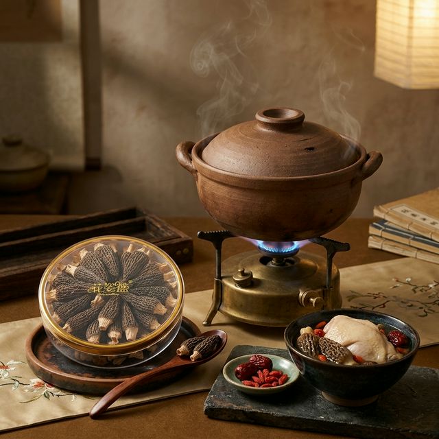 羊肚菌炖鸡汤砂锅烹饪过程,汤色金黄菌香四溢