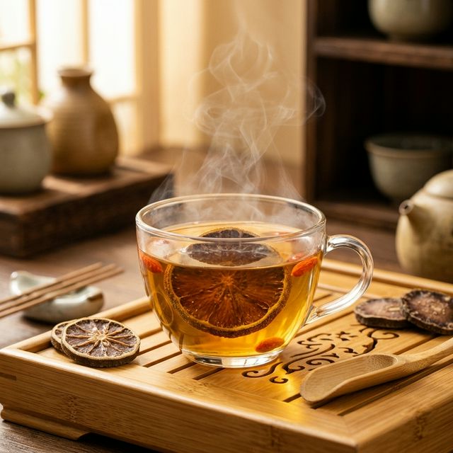 化橘红片冲泡饮用场景，金黄色茶汤在透明玻璃杯中