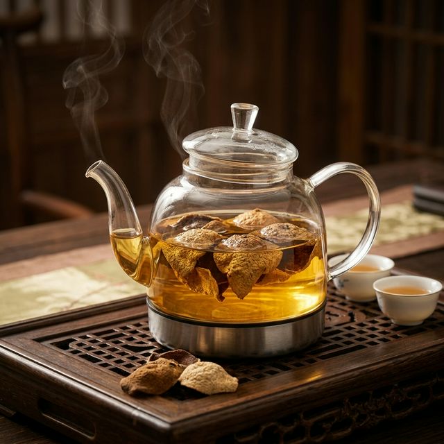 陈皮泡水冲饮过程，金黄茶汤配传统茶盘