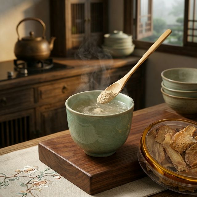 花姿盛天麻粉加入温水冲调的晨间养生场景