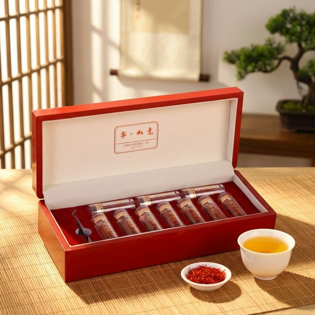 藏红花泡入白瓷茶杯中释出金黄色泽