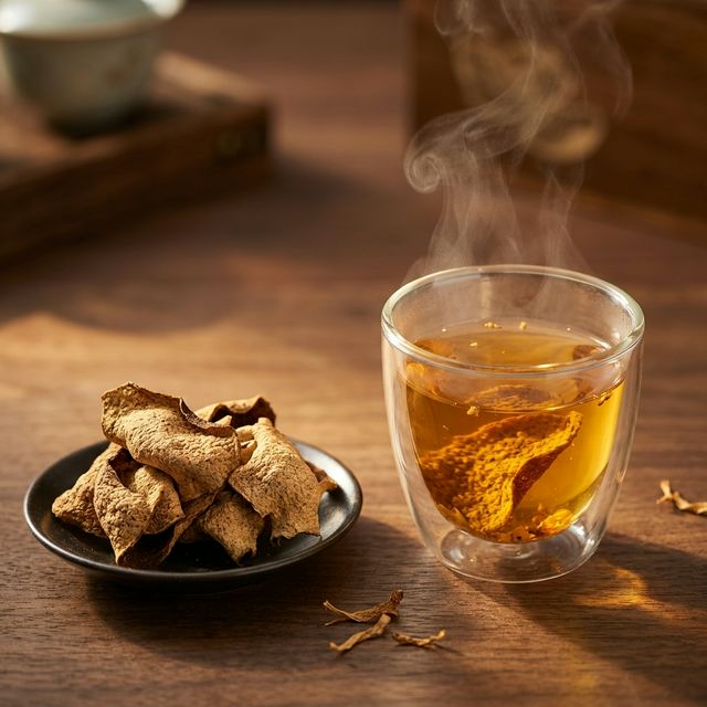 陈皮泡出金黄茶汤,玻璃杯旁置陈皮果皮