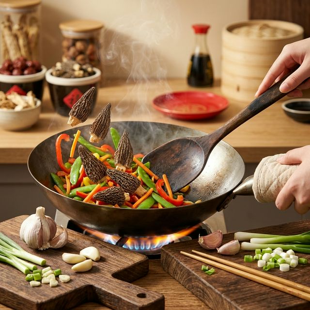 羊肚菌炒制烹饪场景,热锅爆炒菌香四溢