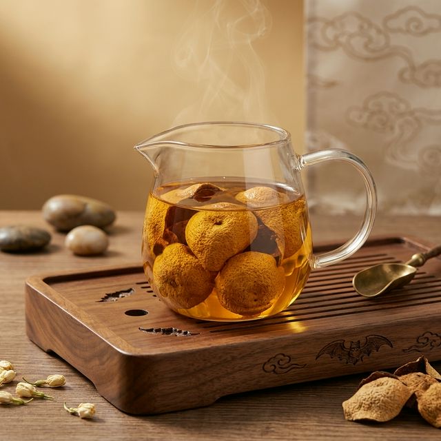 新会陈皮泡水场景，金黄汤色搭配玻璃茶具